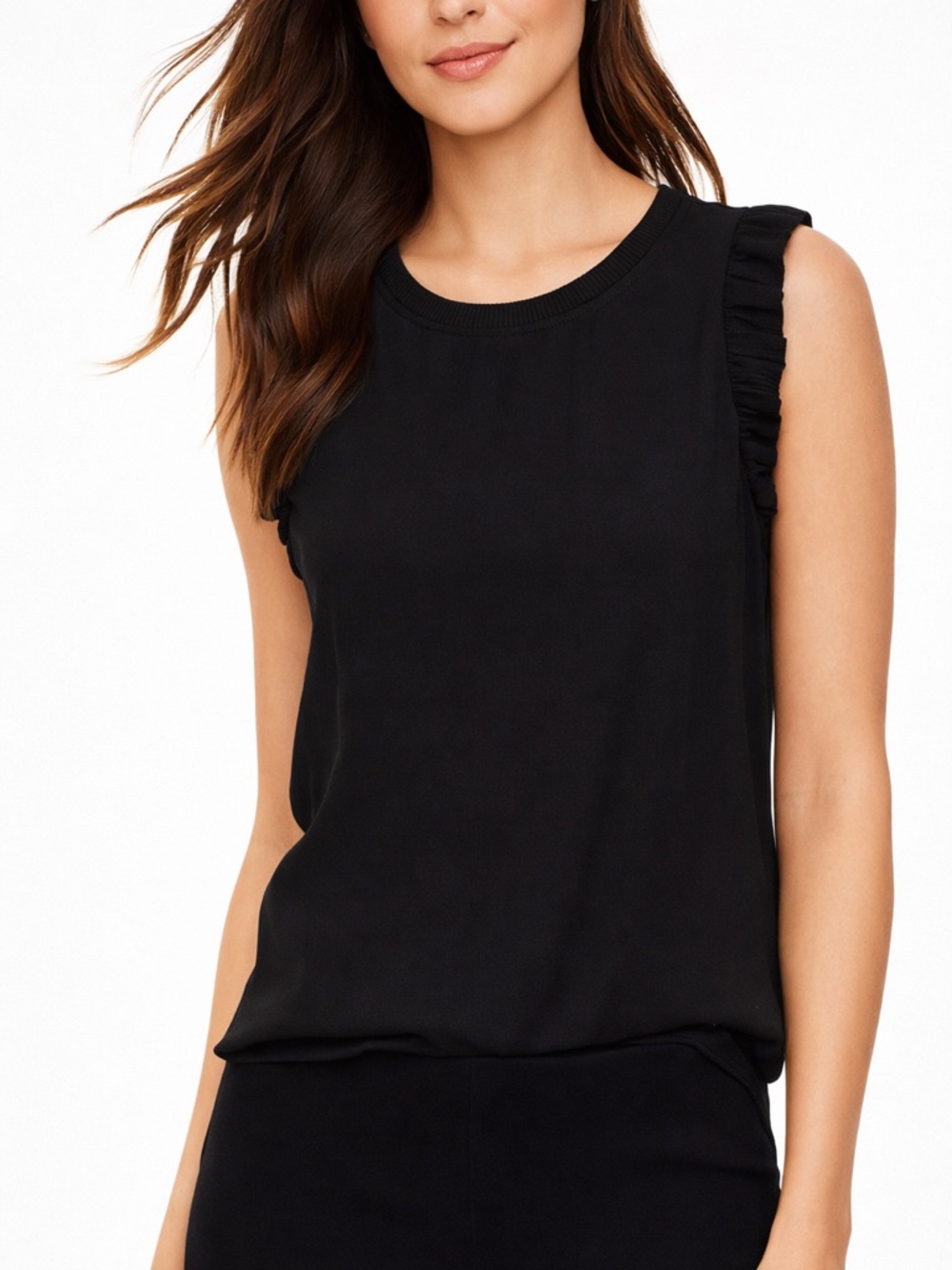 LOFT Black Ruffle Shoulder Sleeveless Blouse Chic Mixed Media Office Size Medium